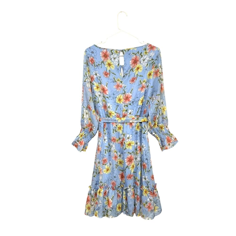 Calvin Klein Blue Belted Ruffle Hem Floral Dress Size 12 Large Gathered Sleeves - Picture 2 of 8